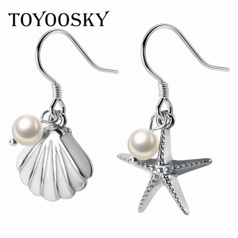 Shell Starfish Drop Asymmetric Earrings With Pearl 925 Sterling Silver