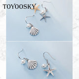 Shell Starfish Drop Asymmetric Earrings With Pearl 925 Sterling Silver
