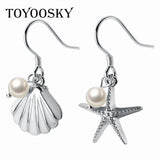 Shell Starfish Drop Asymmetric Earrings With Pearl 925 Sterling Silver