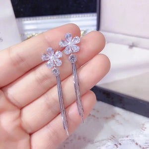 925 Sterling Silver Zircon Pearl Flower Tassel Earrings