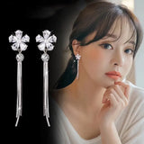 925 Sterling Silver Zircon Pearl Flower Tassel Earrings