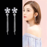 925 Sterling Silver Zircon Pearl Flower Tassel Earrings