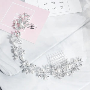 Silver Rhinestone Long Hair Comb Bridal Crown Pearls Hair Jewelry