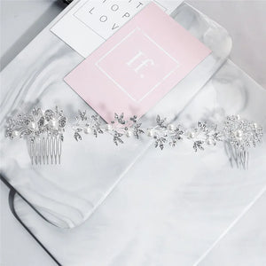Silver Rhinestone Long Hair Comb Bridal Crown Pearls Hair Jewelry