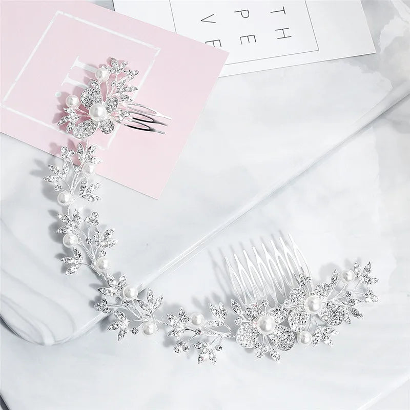 Silver Rhinestone Long Hair Comb Bridal Crown Pearls Hair Jewelry