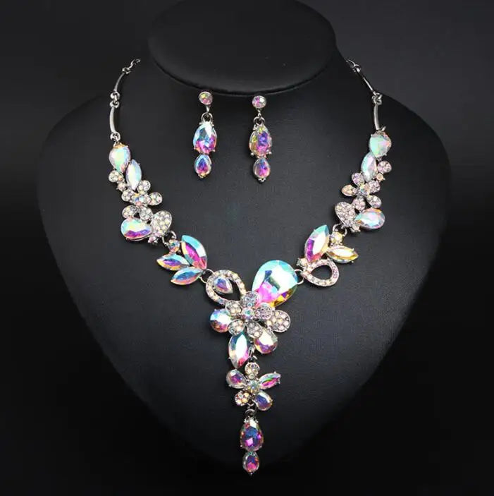 Crystal Flower Necklace Earring Set