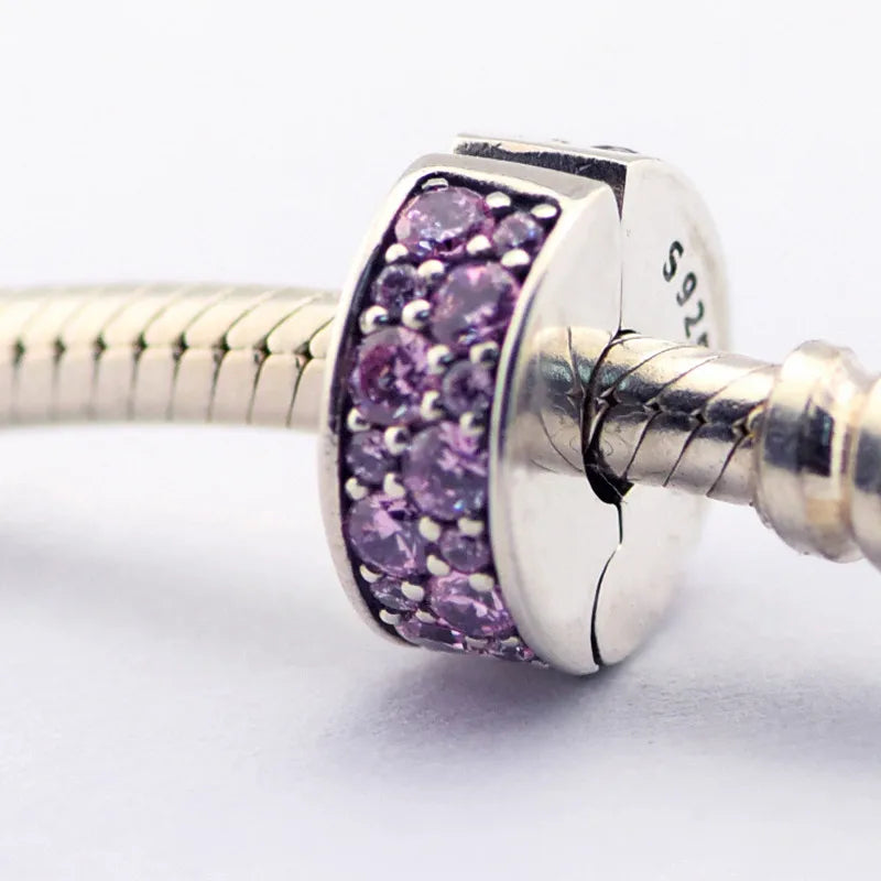 Shining Elegance Clip Charm Pink CZ 925 Silver Beads DIY Fits Bracelet