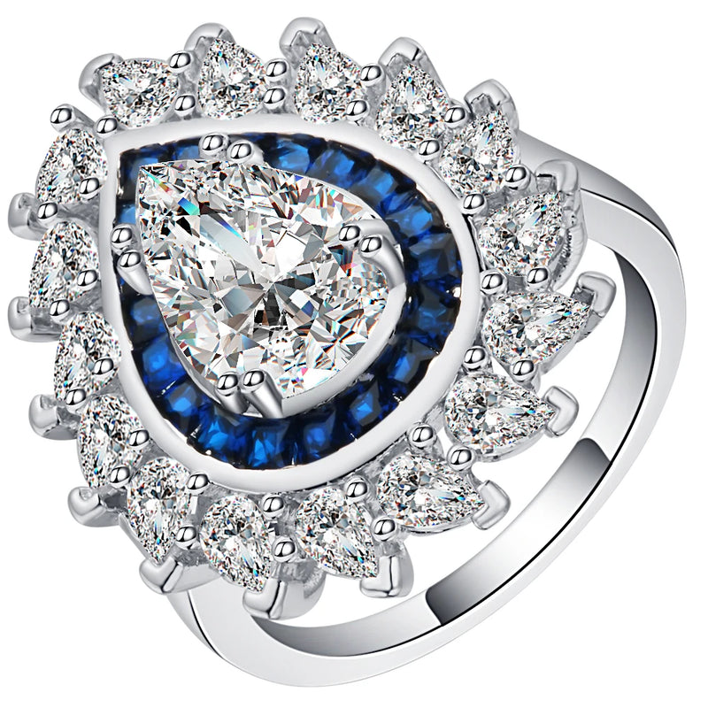 Micro Pave Zircon Water Drop Flower Ring Silver Finger Rings Women Wedding