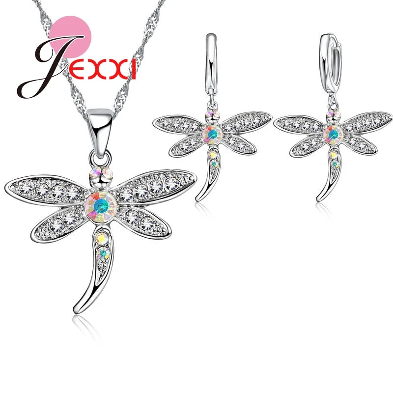Cubic Zirconia Dragonfly Pendant Necklace Set