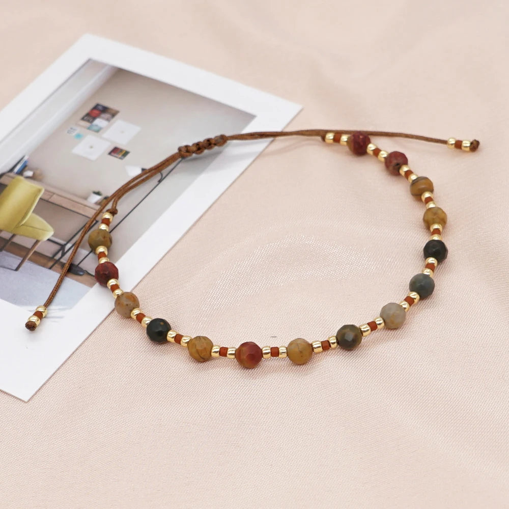 Natural Faceted Beaded Bracelet for Women Adjustable String Dainty Beads