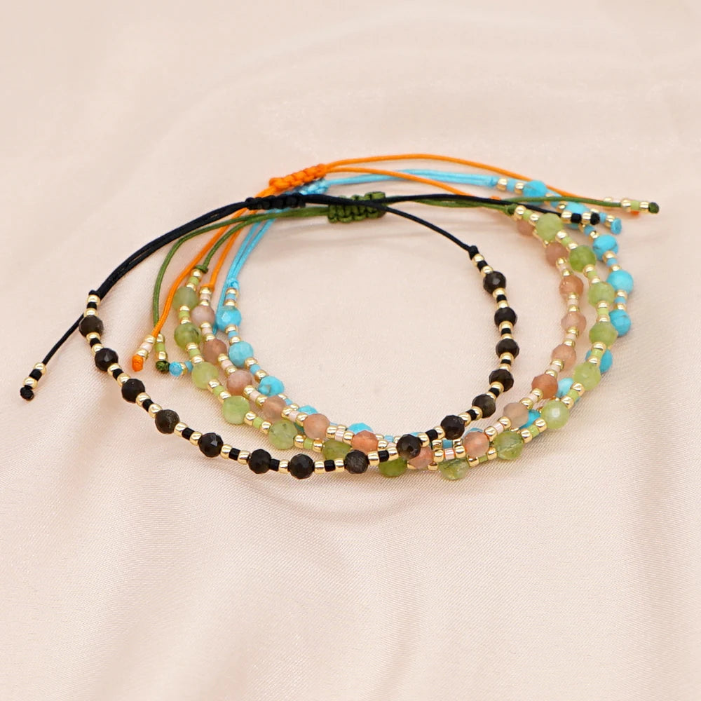 Natural Faceted Beaded Bracelet for Women Adjustable String Dainty Beads