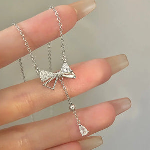 Bow Water Drop Zircon Pendant Necklace 925 Sterling Silver Anniversary Jewelry