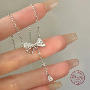 Bow Water Drop Zircon Pendant Necklace 925 Sterling Silver Anniversary Jewelry