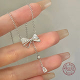 Bow Water Drop Zircon Pendant Necklace 925 Sterling Silver Anniversary Jewelry