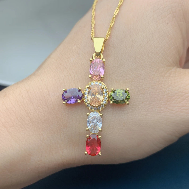 CZ Cross Pendant Necklace Plated Chain Charm Neck Jewelry