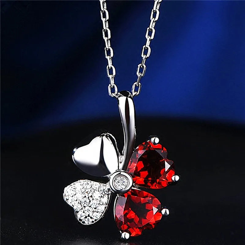 Rose Chain Crystal Clover Pendant Necklace 925 Silver