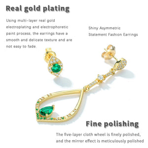 Green Zircon Long Drop Earrings 925 Silver Asymmetric Dangle