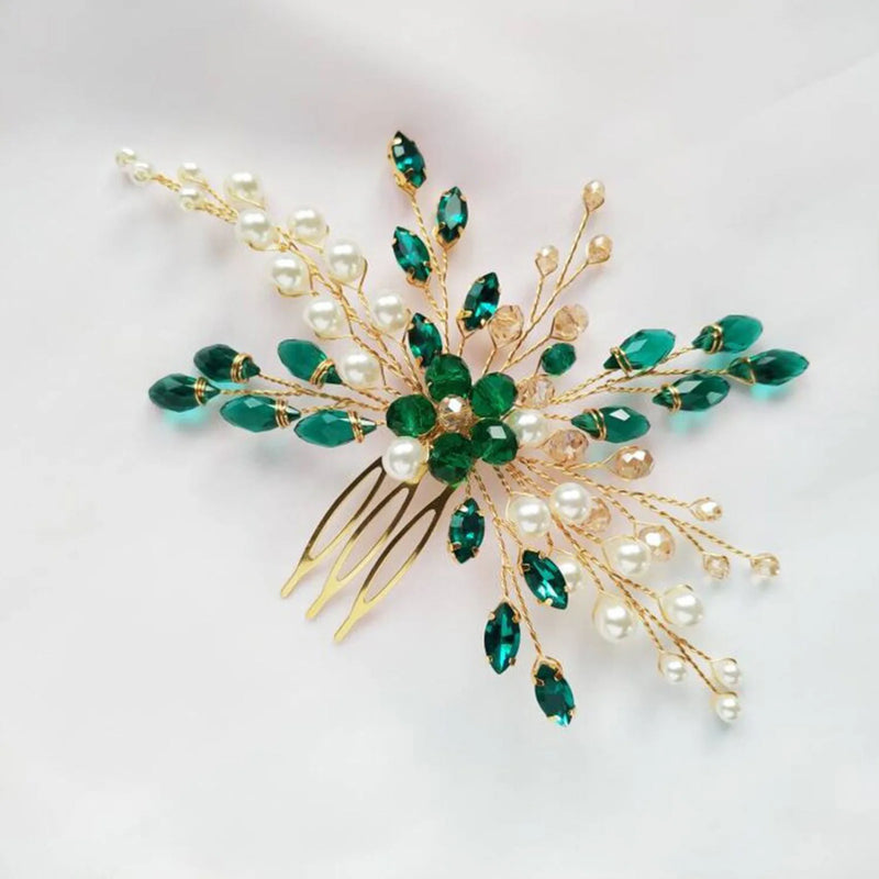 Green Crystal Hair Comb Tiara for Women Wedding Hair Accessories