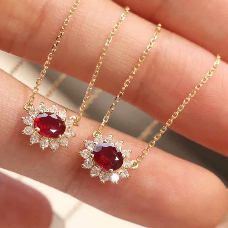 Red Zircon Pendant Necklace 925 Silver Plated Chain