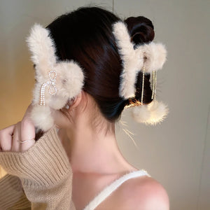 Rhinestone Bow Tassel Wool Ball Grip for Hair - Winter Warmth Hair Claws