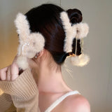 Rhinestone Bow Tassel Wool Ball Grip for Hair - Winter Warmth Hair Claws