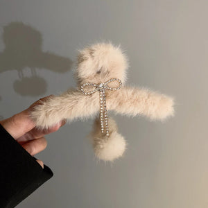 Rhinestone Bow Tassel Wool Ball Grip for Hair - Winter Warmth Hair Claws