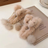 Rhinestone Bow Tassel Wool Ball Grip for Hair - Winter Warmth Hair Claws
