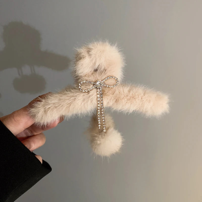 Rhinestone Bow Tassel Wool Ball Grip for Hair - Winter Warmth Hair Claws