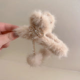 Rhinestone Bow Tassel Wool Ball Grip for Hair - Winter Warmth Hair Claws