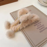 Rhinestone Bow Tassel Wool Ball Grip for Hair - Winter Warmth Hair Claws