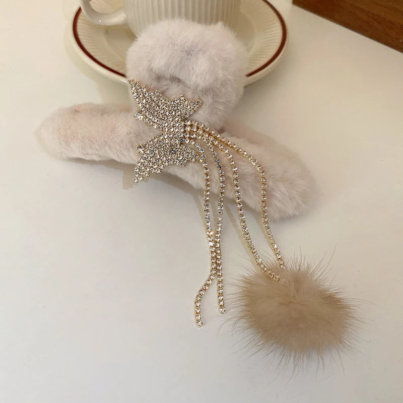 Rhinestone Butterfly Hair Claws with Tassel Ball