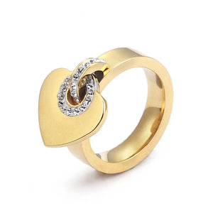 Rhinestone Heart Silver Rose Stainless Steel Charm Ring