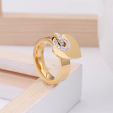 Rhinestone Heart Silver Rose Stainless Steel Charm Ring