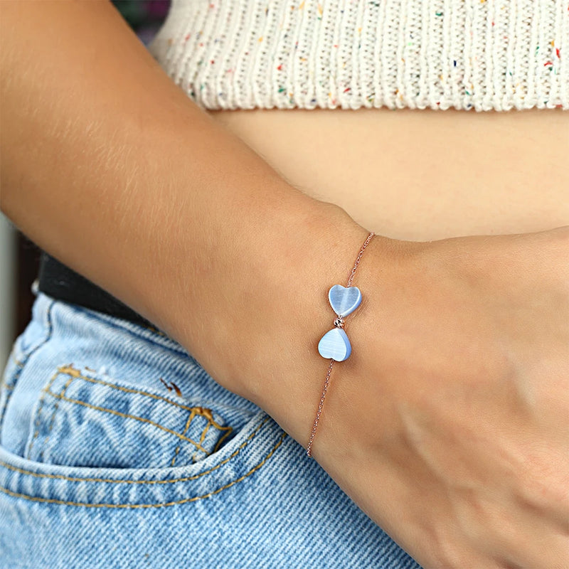 Rose Plated Double Heart 925 Silver Bracelet with Cat Eye