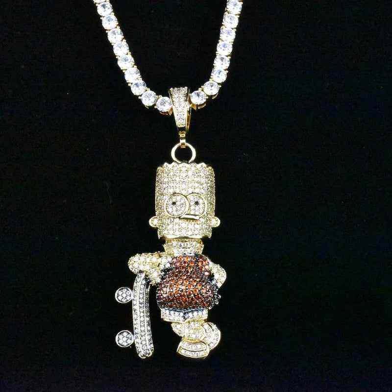 Skateboard Cartoon Pendant Necklace Iced Out Hip Hop Jewelry