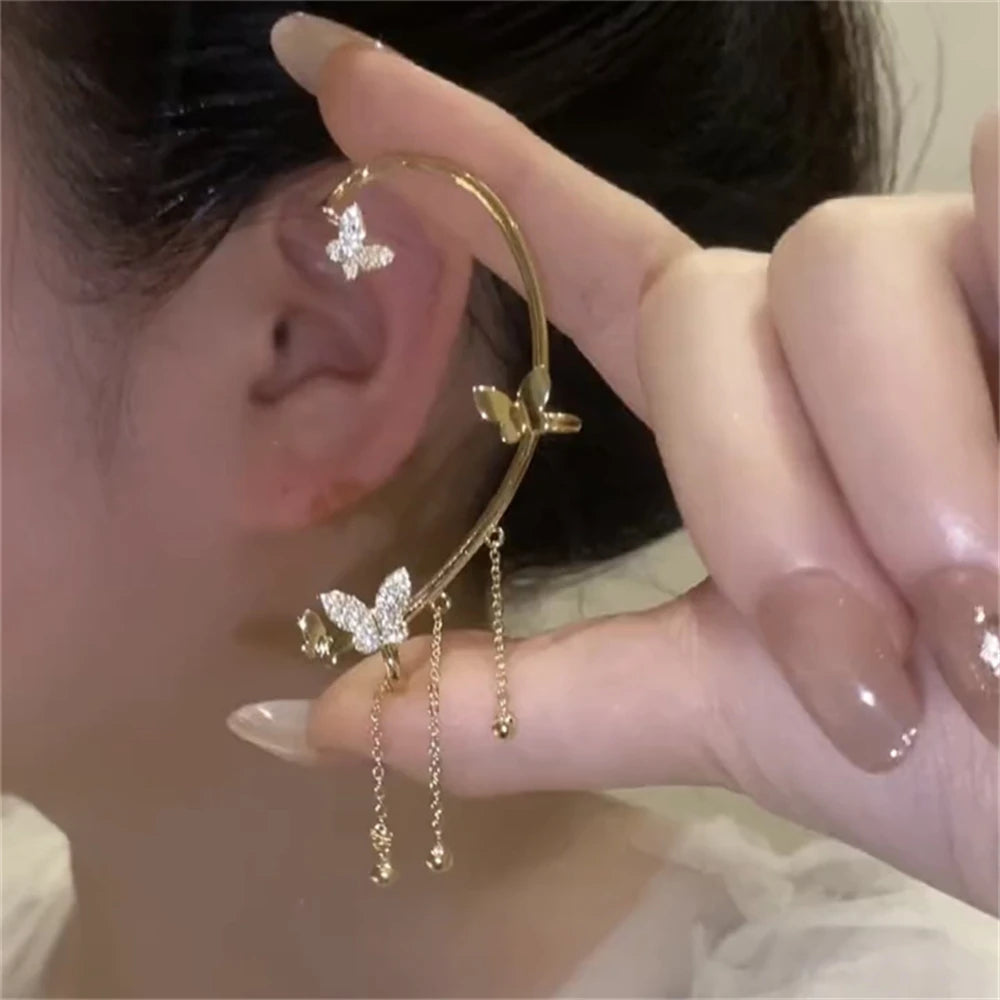 Zircon Butterfly Ear Cuff Tassel Clip On Earrings For Women