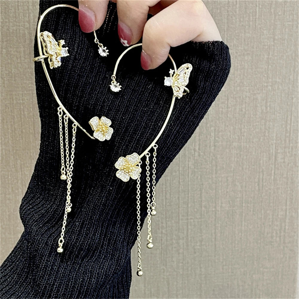Zircon Butterfly Ear Cuff Tassel Clip On Earrings For Women
