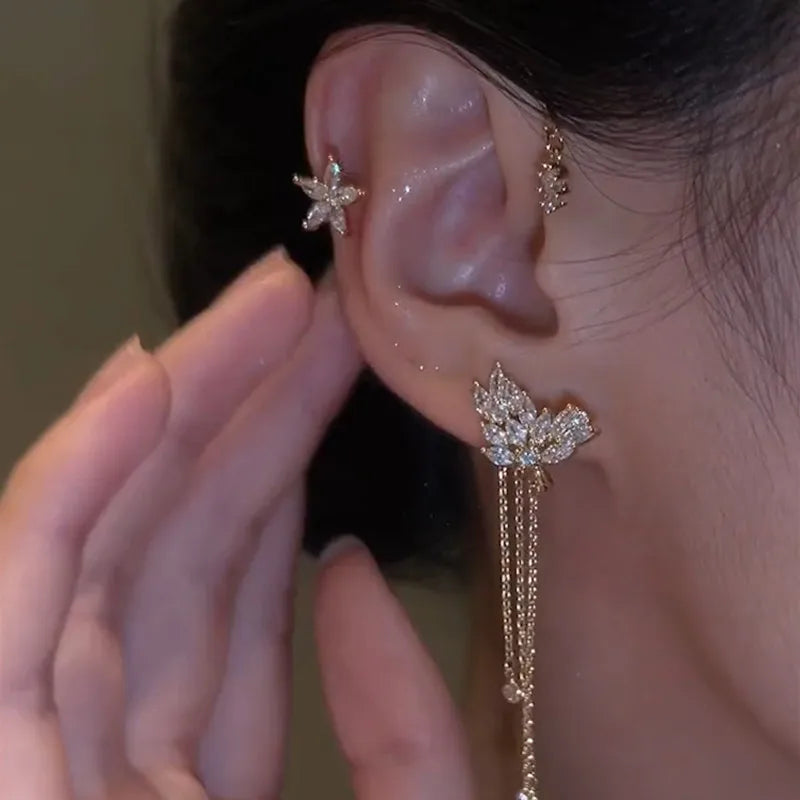 Zircon Butterfly Ear Cuff Tassel Clip-On Earrings for Women