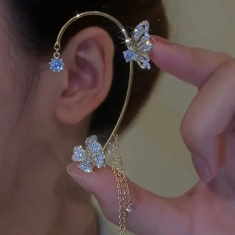 Zircon Butterfly Ear Cuff Tassel Clip-On Earrings for Women