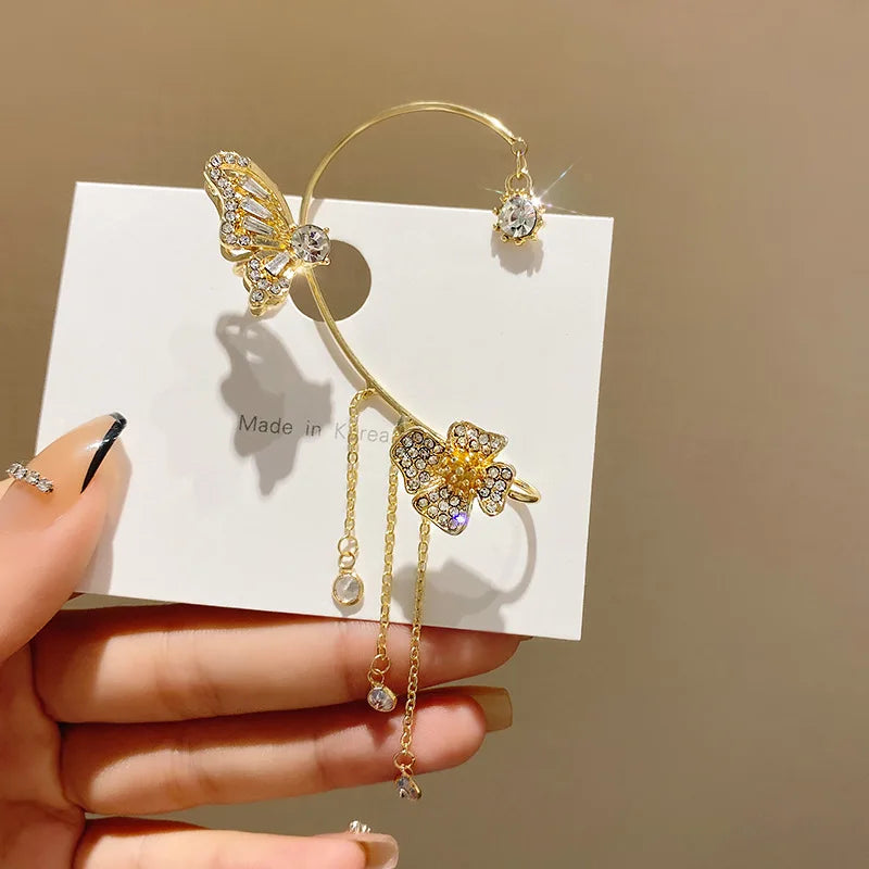 Zircon Butterfly Ear Cuff Tassel Clip-On Earrings for Women