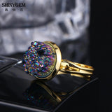 Vintage Natural Crystal Druzy Ring Plating Adjustable Geode Gem Ring for Women