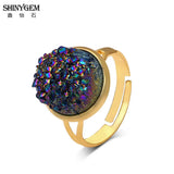 Vintage Natural Crystal Druzy Ring Plating Adjustable Geode Gem Ring for Women