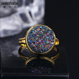 Vintage Natural Crystal Druzy Ring Plating Adjustable Geode Gem Ring for Women