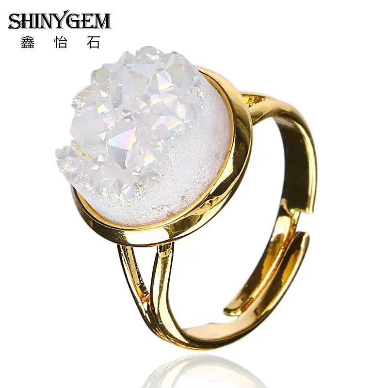 Vintage Natural Crystal Druzy Ring Plating Adjustable Geode Gem Ring for Women