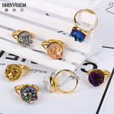 Vintage Natural Crystal Druzy Ring Plating Adjustable Geode Gem Ring for Women