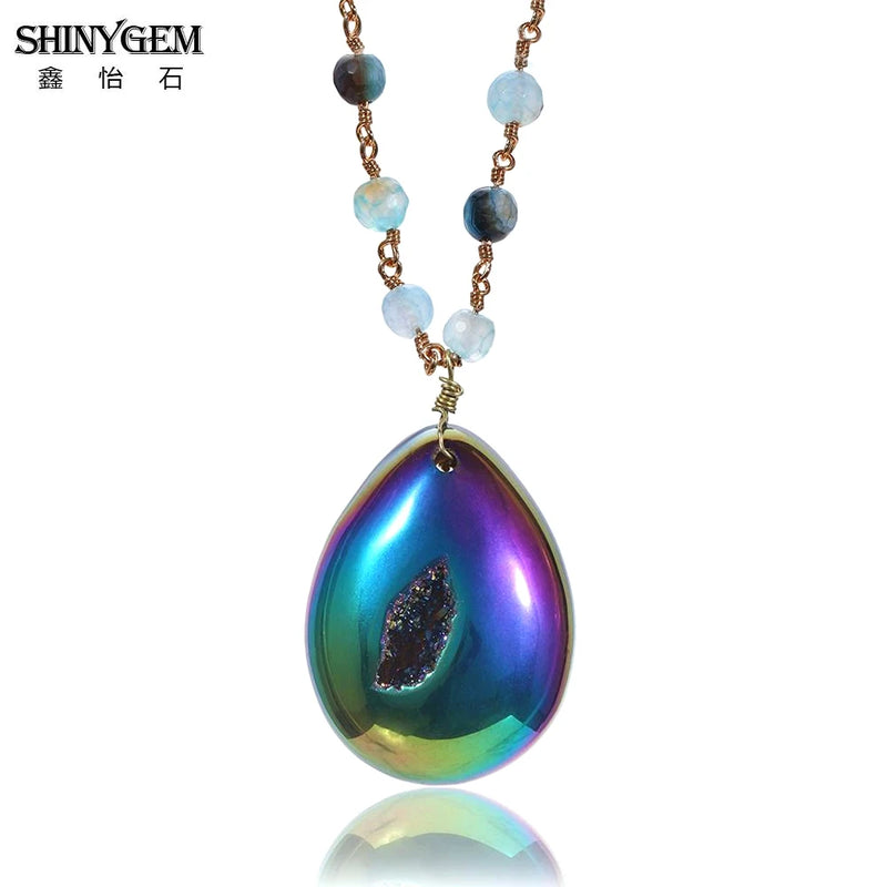 Natural Agate Chocker Necklace Rainbow Gem Stone Pendant