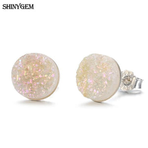 Crystal Druzy Stud Earrings 925 Silver Geode Gem Stone for Women