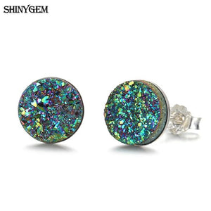 Crystal Druzy Stud Earrings 925 Silver Geode Gem Stone for Women