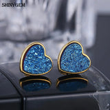 Natural Crystal Druzy Heart Stud Earrings 925 Sterling Silver