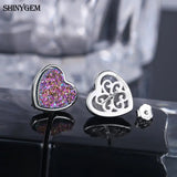 Natural Crystal Druzy Heart Stud Earrings 925 Sterling Silver